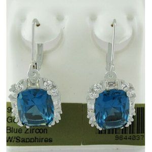 Genuine 5.82 Cts Blue Zircon & White Sapphire Dangling Earrings .925 Silver